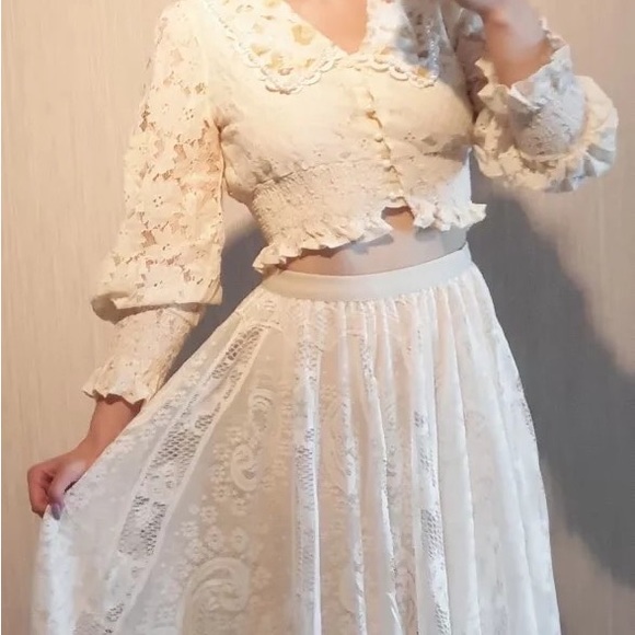 Lace skirt cream beige womens summer spring long skirt floral - Picture 5 of 13